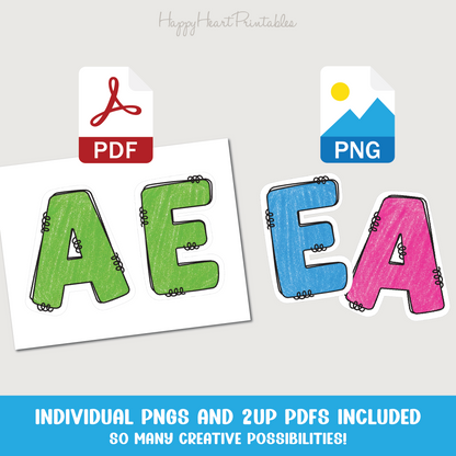 Crayon Doodle Letter & Number Set With Outlines for Bulletin Board