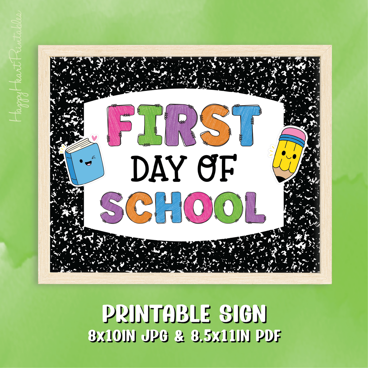 First Day of School Printable Sign - Composition Notebook - Doodle Font