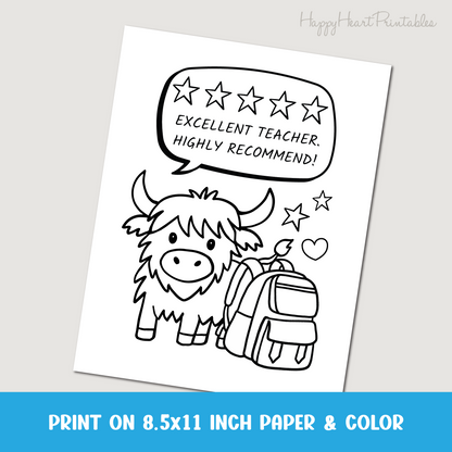 Highland Cow Teacher Appreciation Printable Coloring Sheet